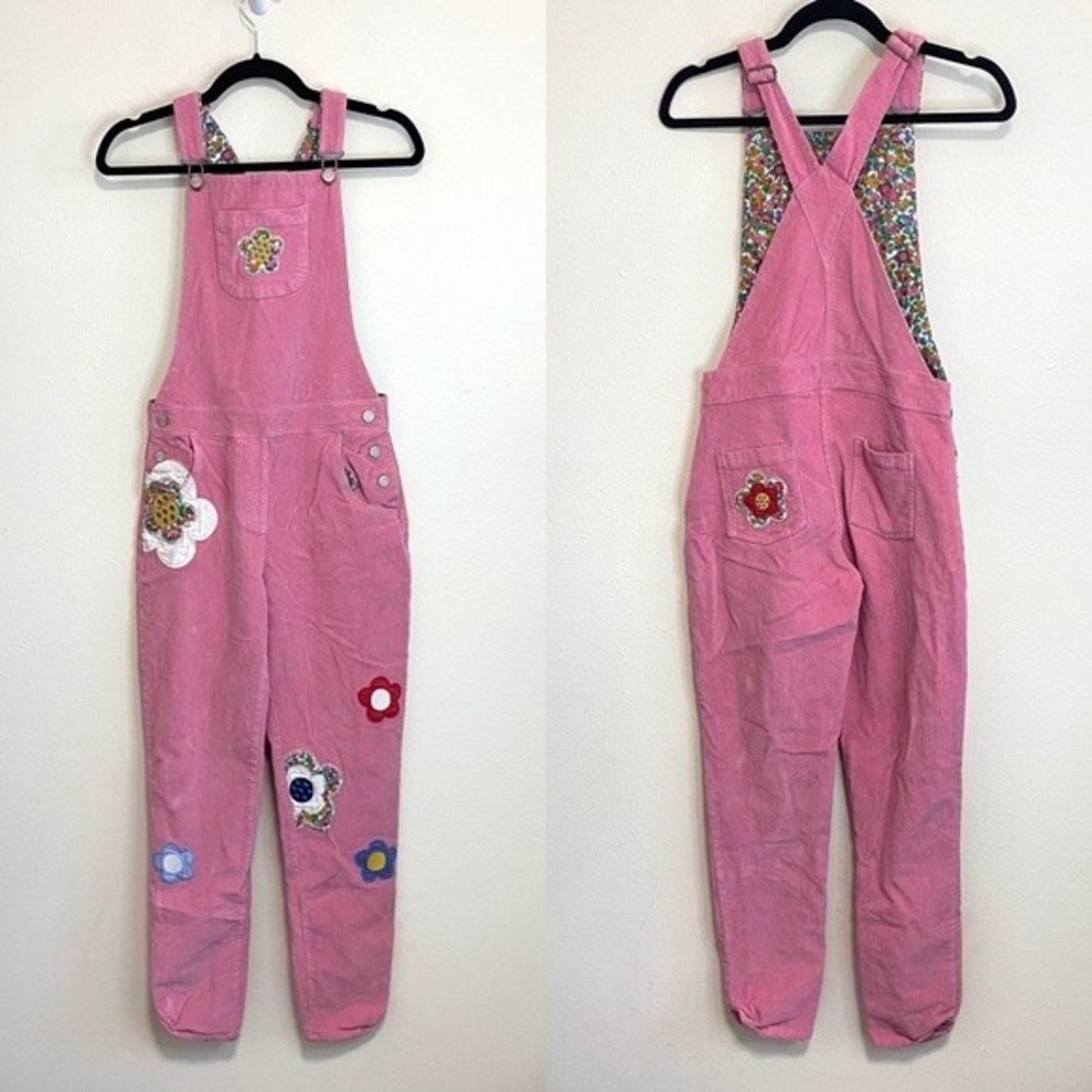 Boden Girls Corduroy Overalls Floral Patch Pink Size 13-14